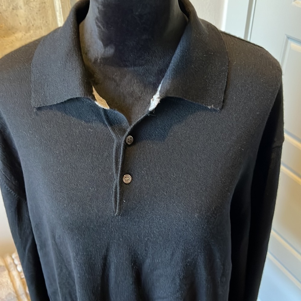 Neiman Marcus XXL black gray trim‎ merino wool polo sweater